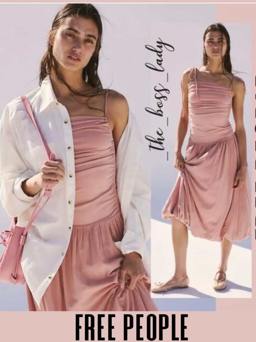 Free People dress bubble skirt midi pleated cotton blend drop waist square neck